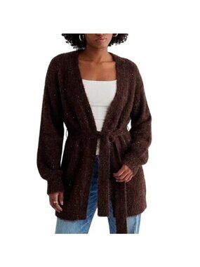 Express Cardigan Sweater Size Small Fuzzy Faux Fur Sequin Tie Waist Brown Layers